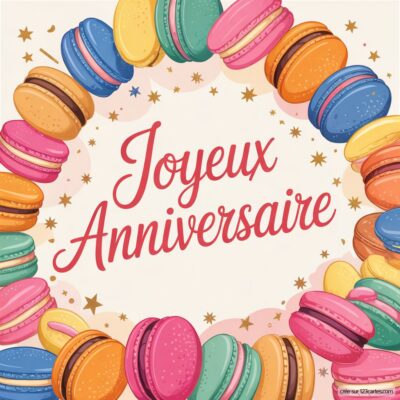 Macarons colorés (roses, bleus, jaunes, oranges, verts) formant un cercle sur fond crème parsemé d’étoiles dorées, avec écrit «Joyeux Anniversaire» en rouge.