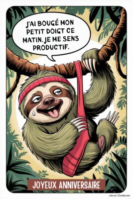 Paresseux souriant, langue sortie, bandeau rouge, accroché à une branche, sur fond de jungle verte. Bulle de dialogue: 