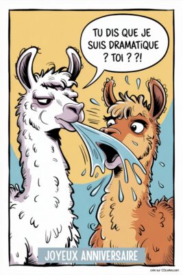 Deux lamas, un blanc crachant sur un roux, sur fond jaune et bleu, avec le texte 