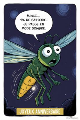 Luciole verte paniquée sur fond bleu nuit avec écrit 