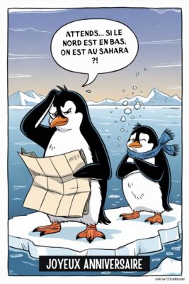 Deux pingouins sur banquise, l'un lit une carte, l'autre porte une écharpe. Bulle de dialogue: 