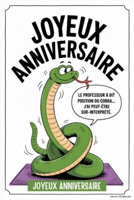 Serpent vert souriant faisant du yoga sur tapis violet, bulle de dialogue 