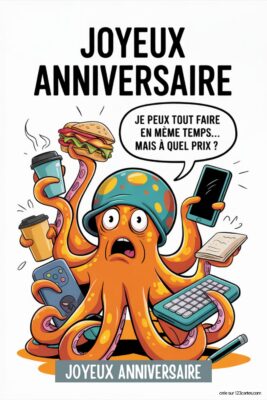 Pieuvre orange stressée et surchargée, portant un chapeau, jonglant avec téléphone, café, hamburger, clavier, sur fond blanc. Texte: 