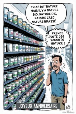 Homme au téléphone devant un rayon de yaourts sur fond de supermarché. Dessin humoristique. Image anniversaire homme humour gratuite