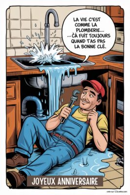 Plombier souriant sous un évier qui fuit, tenant une clé à molette. Texte: 