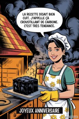 Femme souriante en tablier blanc et gants jaunes tenant un gâteau noir carbonisé, fumée grise en arrière-plan. Style bande dessinée. Image anniversaire femme humour