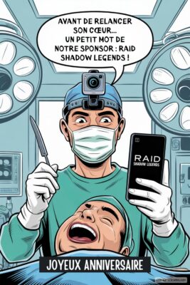 Chirurgien tenant scalpel et smartphone sur patient effrayé, fond bloc opératoire. Dessin anniversaire rigolo.