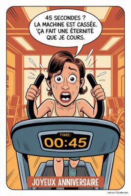 Femme paniquée sur tapis de course, sueur et yeux écarquillés, texte 