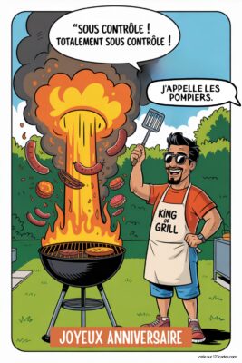 Homme souriant faisant un barbecue en feu sur fond de ciel bleu et verdure. Image joyeux anniversaire homme humour