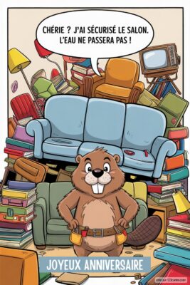 Castor bricoleur devant un salon inondé de meubles et livres, sur fond blanc. Bulle : 