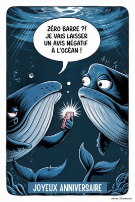 Deux baleines bleues sous-marines sur fond bleu foncé, l'une tenant un téléphone rose lumineux. Bulle de dialogue: 
