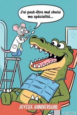 Souris dentiste apeurée face à un crocodile sur fond bleu clair. Texte: 