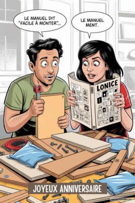 Couple assemblant des meubles en kit, l'homme tient un tournevis, la femme lit le manuel. Le texte dit 