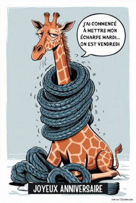 Girafe épuisée, enroulée dans une longue écharpe bleue, sur fond gris clair. Texte: 