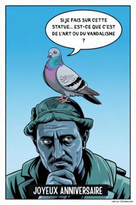 Pigeon gris-bleu sur la tête d'une statue d'homme pensif, fond bleu clair.