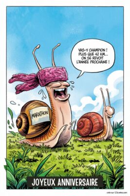 Deux escargots de bande dessinée sur fond vert herbeux et ciel bleu. L'un, riant, porte un bandeau rose et un dossard 