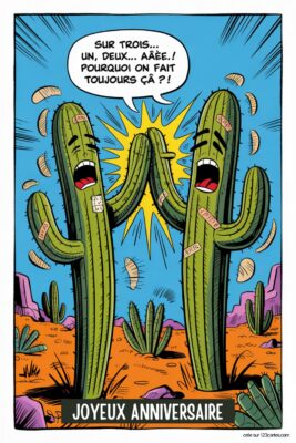 Deux cactus se tapant dans la main sur fond de désert bleu, avec écrit 