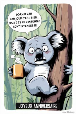 Koala fatigué aux grands yeux rouges, tenant une tasse fumante, accroché à un arbre sur fond vert. Texte: 