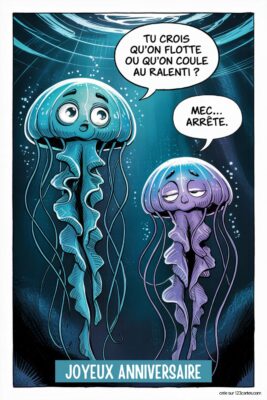 Deux méduses, une turquoise et une violette, sur fond bleu foncé aquatique. La turquoise dit 