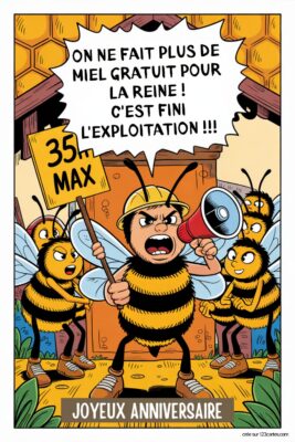 Abeilles en colère manifestant sur fond de ruche avec écrit 
