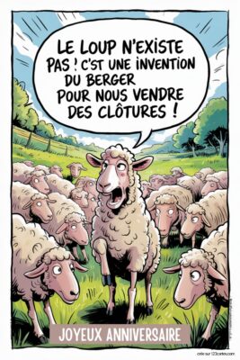 Mouton effrayé parlant à un troupeau sur fond de prairie verte et ciel bleu, avec écrit 