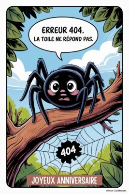 Araignée noire triste sur une branche d'arbre, ciel bleu, feuilles vertes, avec bulle 