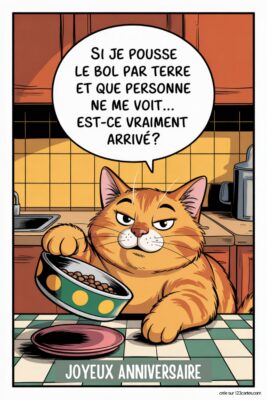 Chat tigré orange tenant une gamelle de croquettes sur fond de cuisine jaune et vert. Bulle de dialogue avec 