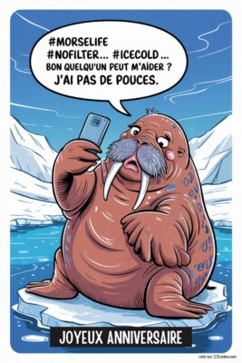 Morse rose sur banquise bleue, tenant un smartphone, avec bulle de dialogue 