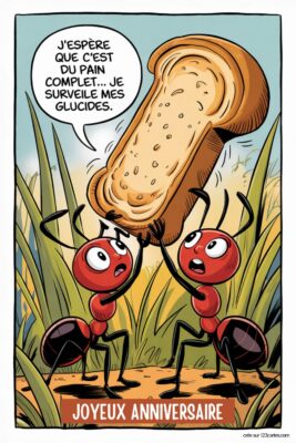 Deux fourmis rouges transportant une tranche de pain sur fond d'herbe verte et de ciel bleu. Une bulle de dialogue dit 