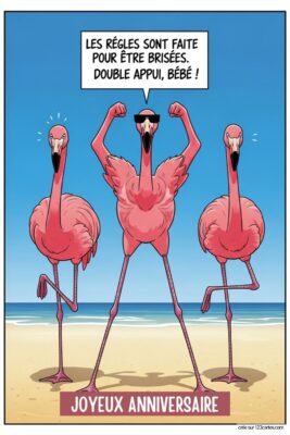 Trois flamants roses sur une plage de sable, un portant des lunettes de soleil et bombant le torse, sur fond de mer bleue. Texte: 