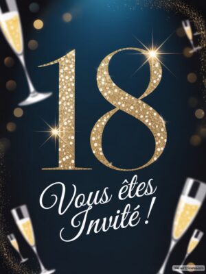 Visuel festif avec le chiffre 18 en doré, entouré de flûtes de champagne sur fond sombre, annonçant une célébration.