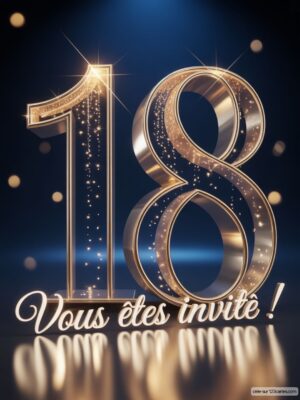 Chiffre 18 en métal brillant avec des reflets, entourés de paillettes sur fond sombre, annonçant un événement spécial.