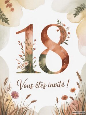 Carte d'invitation pour un anniversaire, avec le chiffre 18 entouré de motifs floraux et d'herbes sur fond clair.