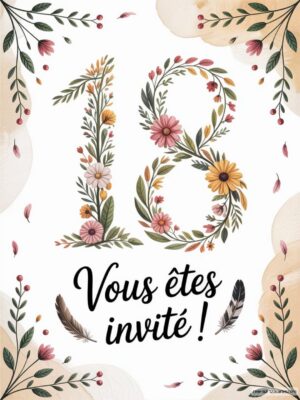 Image décorative avec le chiffre 18 formé de fleurs et de feuillages, entouré de plumes et d'éléments naturels.