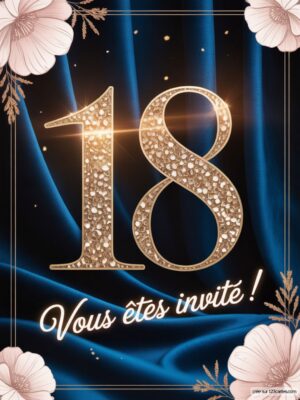 Image de fond bleu avec des fleurs et le chiffre 18 brillamment décoré, accompagné d'un texte festif.