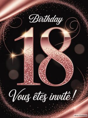 Carte d'anniversaire avec le chiffre 18 en rose, entouré d'étoiles et de motifs scintillants sur fond noir.