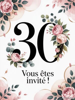 Invitation décorative avec le chiffre 30, entouré de fleurs et de feuillages, annonçant une invitation.
