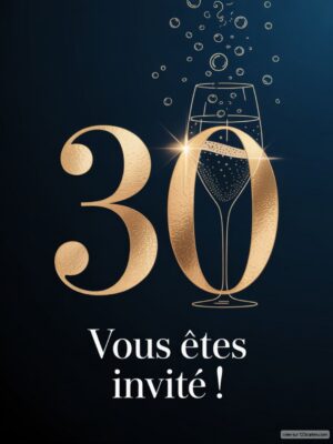 Chiffre 30 stylisé en doré avec un verre à champagne et des bulles sur fond sombre.