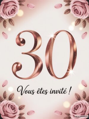 Grand chiffre 30 en rose doré, entouré de roses et pétales, sur fond clair avec une inscription élégante.