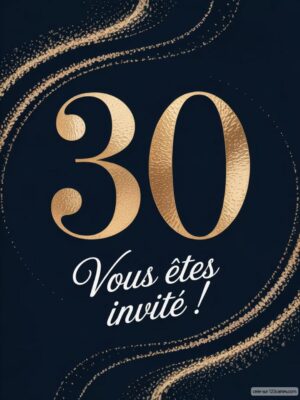 Grand chiffre 30 en doré sur fond noir avec des motifs élégants et le texte « Vous êtes invité ! » en blanc.