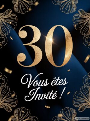 Design élégant montrant le chiffre 30 en or avec des motifs floraux et l'inscription Vous êtes invité ! en blanc.