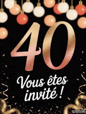 Un fond noir avec des lanternes lumineuses, le chiffre 40 en doré et le texte invitant en blanc.