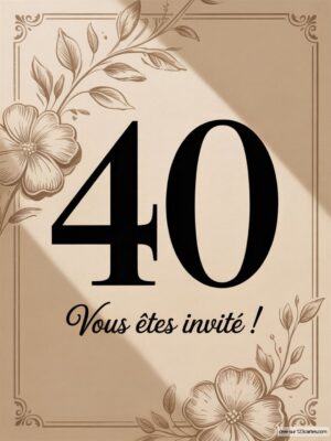 Une carte d'invitation avec le chiffre 40 en grand, ornée de fleurs et d'un fond beige.