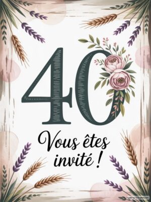 Affiche de fête avec le chiffre 40 orné de fleurs et d'éléments naturels, sur fond clair avec des motifs élégants.