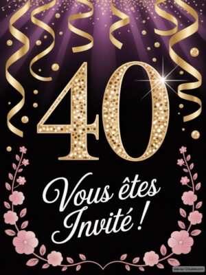 Grand chiffre 40 en paillettes sur fond noir, entouré de fleurs roses et de serpentin doré.