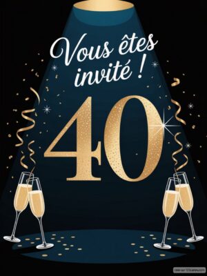 Décor festif avec des flûtes de champagne et des confettis, mettant en avant le chiffre 40 sur fond sombre.