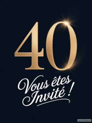 40 en chiffres dorés sur fond noir, avec le texte « Vous êtes invité ! » en blanc et en lettres cursives.