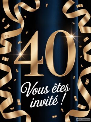 Grand nombre 40 en or avec des confettis et des rubans sur un fond noir.