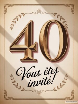 Un affichage élégant avec le chiffre 40 en relief, entouré de motifs floraux et d'une inscription invitante en italique.