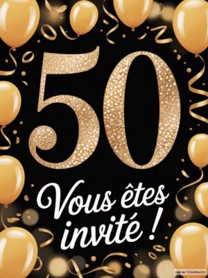 Un grand chiffre 50 entouré de fleurs roses, jaunes et vertes avec un texte d'invitation en bas. Fond aux vagues douces.